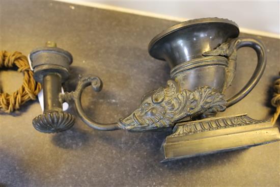 A near pair of Regency style bronze Colza oil lamps,